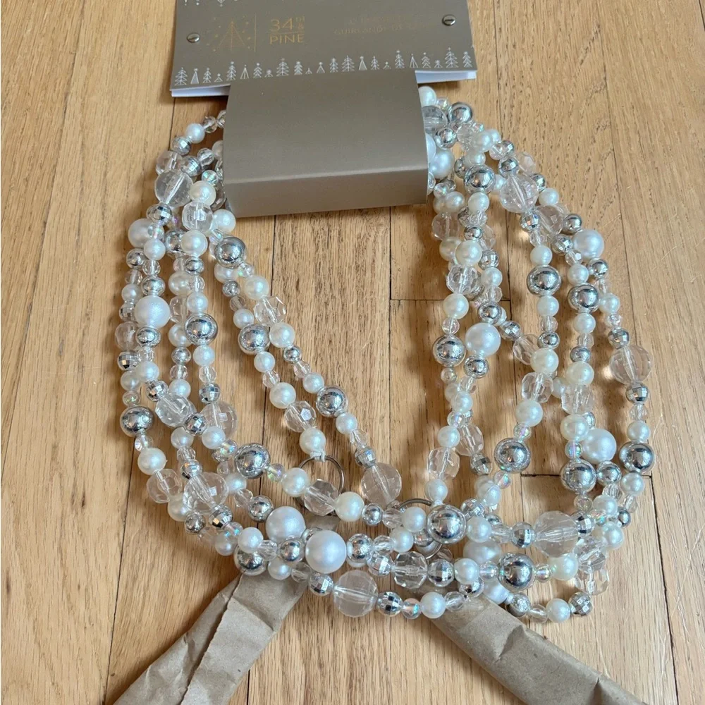 NEW - Multi-Strand Pearl & Crystal 12 FT Garland Table Decor - White & Silver